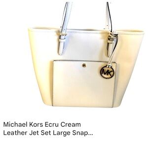 NWOT Michael Kors Ecru Cream Leather Jet Set Large Snap Pocket Tote Bag NEW